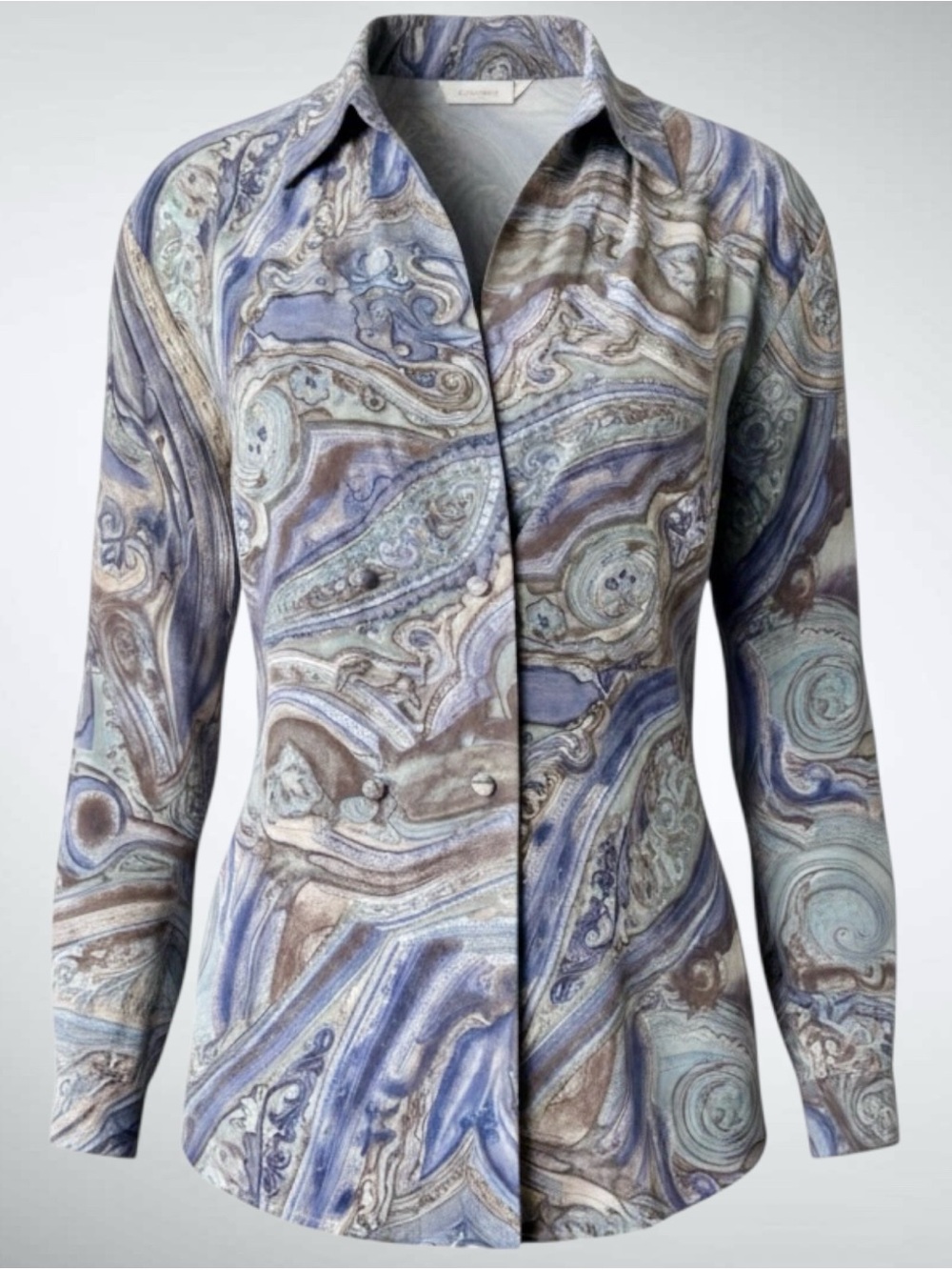 Silk Paisley Blouse Womens 10 Blue Taupe Draped Surplice Top Harlan